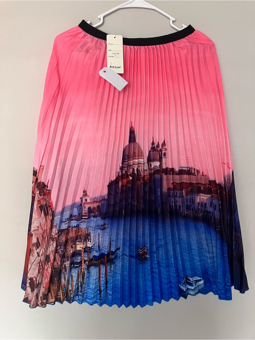 Pleated Ombre Venice Print Midi Skirt - Pink & Blue